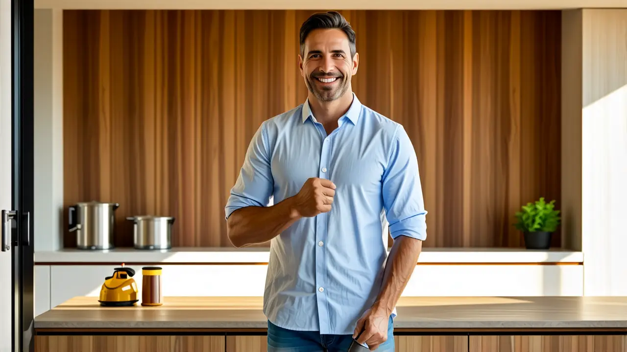 Limpieza Vapor: Limpiar con Vapor para Hogar 2 Un hombre sonriente limpia su cocina moderna