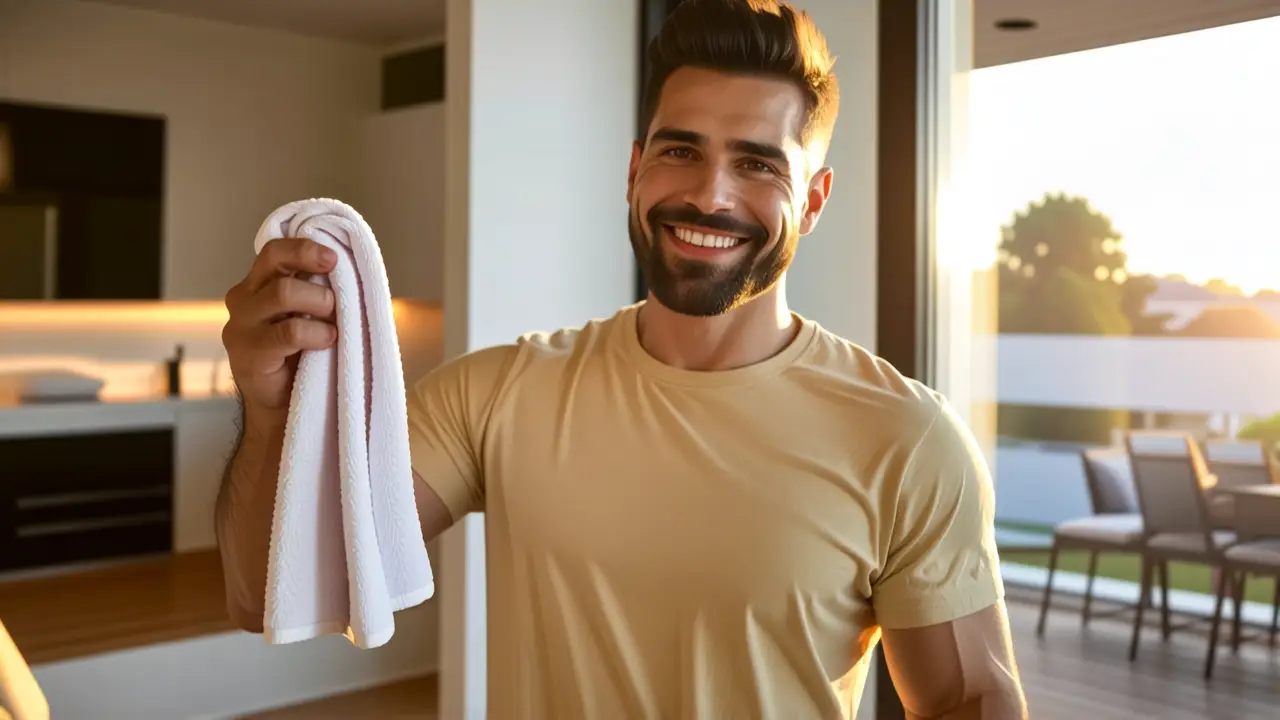 Un hombre limpiando ventana con luz cálida