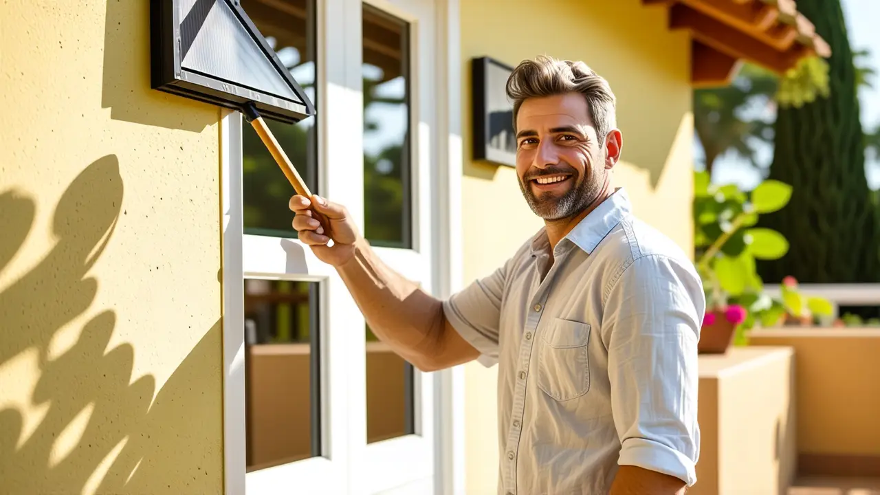Hombre limpiando ventana en España soleada