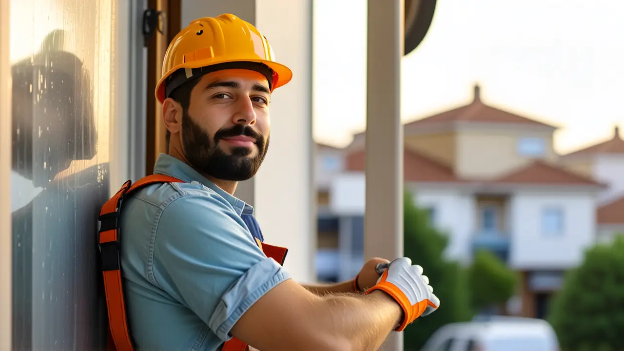 Un hombre concentrado limpia ventanas con cuidado
