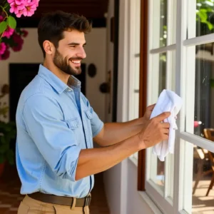 Un hombre español limpia una ventana soleada