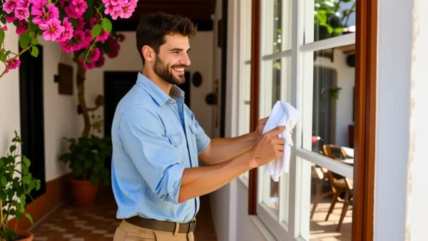 Un hombre español limpia una ventana soleada