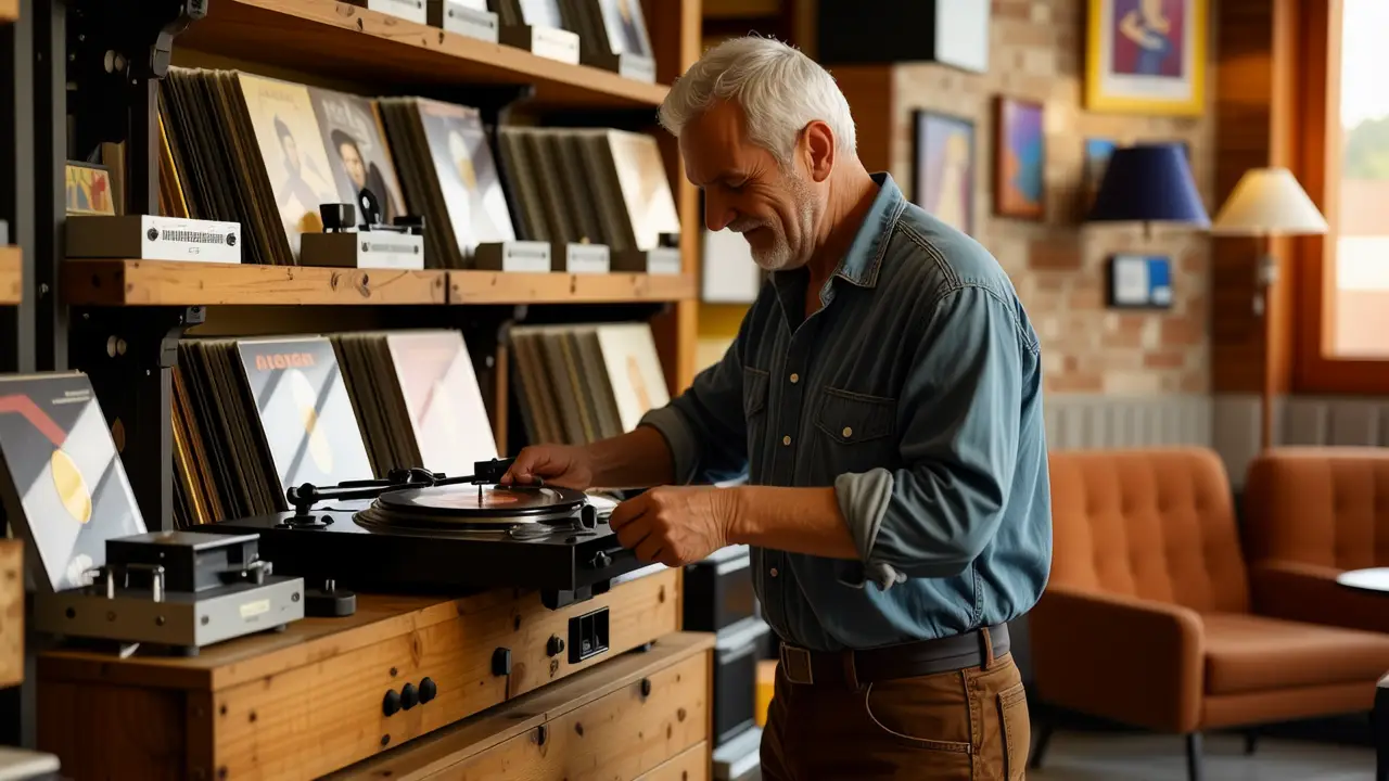 Un hombre cuidando cuidadosamente discos antiguos con mimo