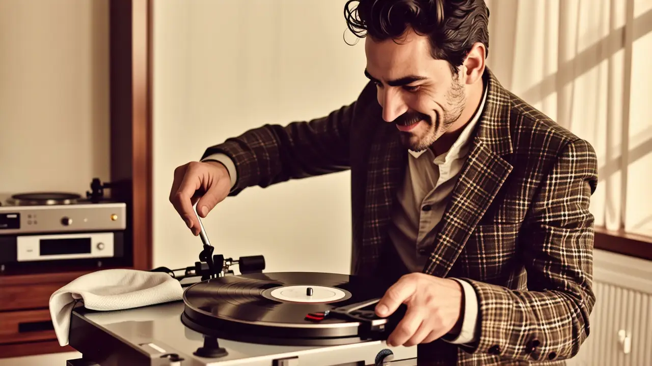 Hombre elegante limpia vinilo con nostalgia