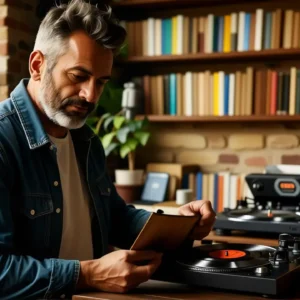 Un hombre amable examina un vinilo en estudio
