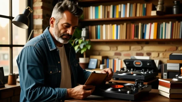 Un hombre amable examina un vinilo en estudio