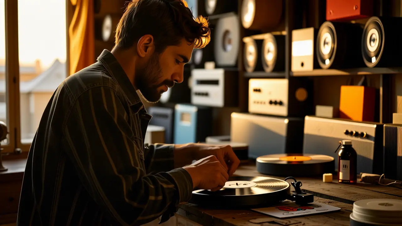 Un hombre en estudio retro limpia un disco