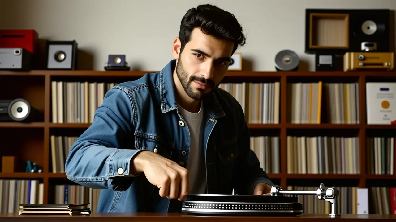 Un hombre joven limpia vinilos con nostalgia