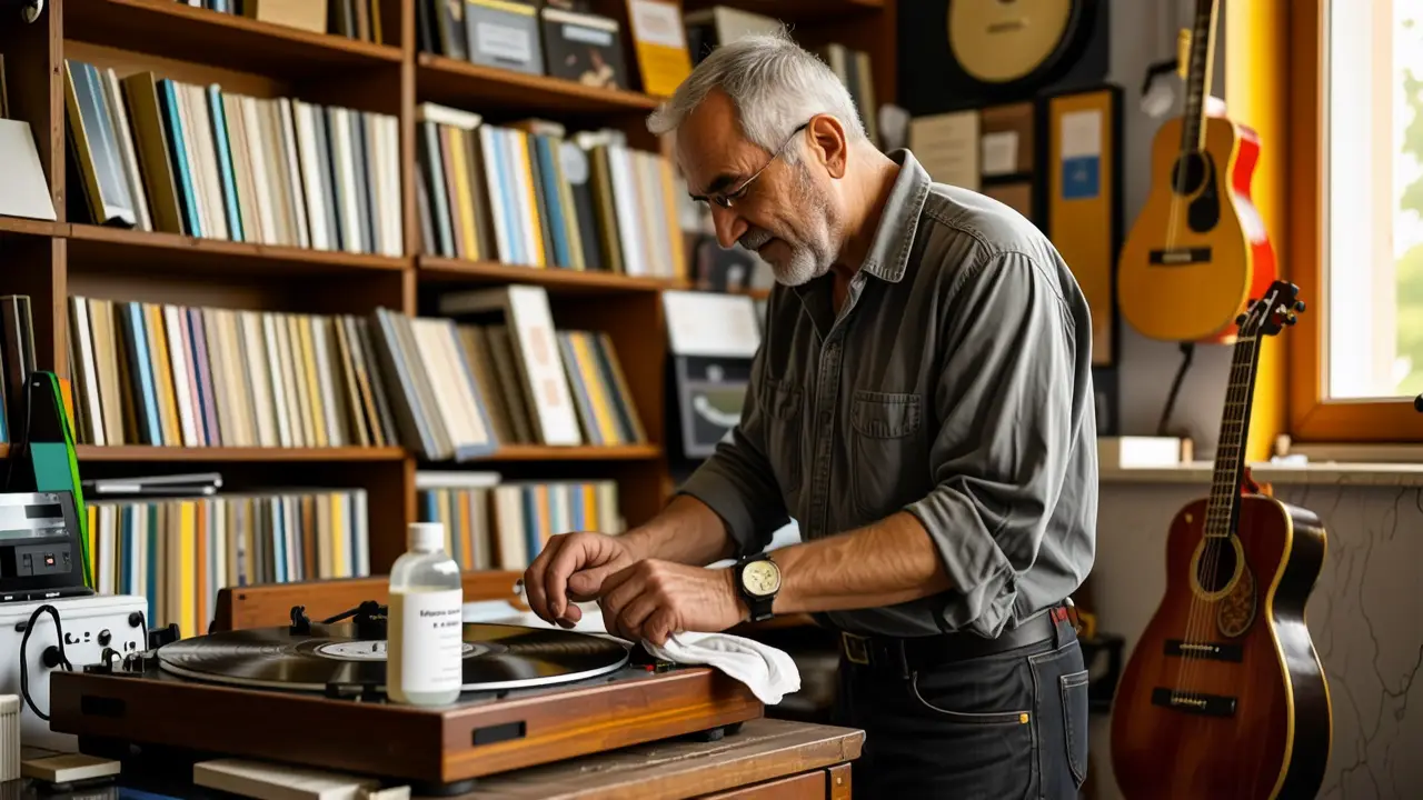 Un hombre español vintage limpia con cuidado un disco