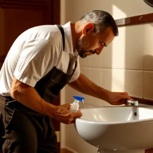 Limpiar Bano: Desinfectar Banos a Fondo 11 Un hombre limpiando un baño con luz suave