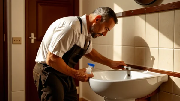 Un hombre limpiando un baño con luz suave