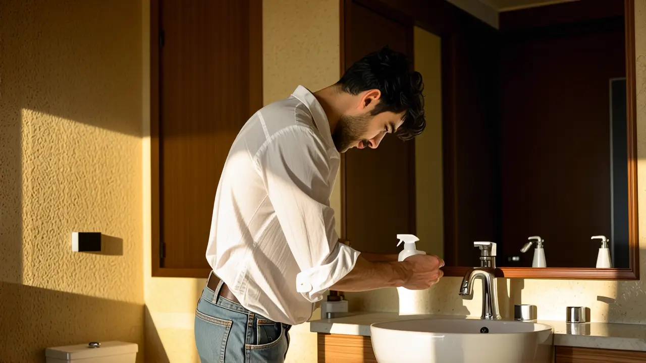 Limpiar Bano: Desinfectar Banos a Fondo 4 Un hombre reflexivo limpia un baño con luz cálida