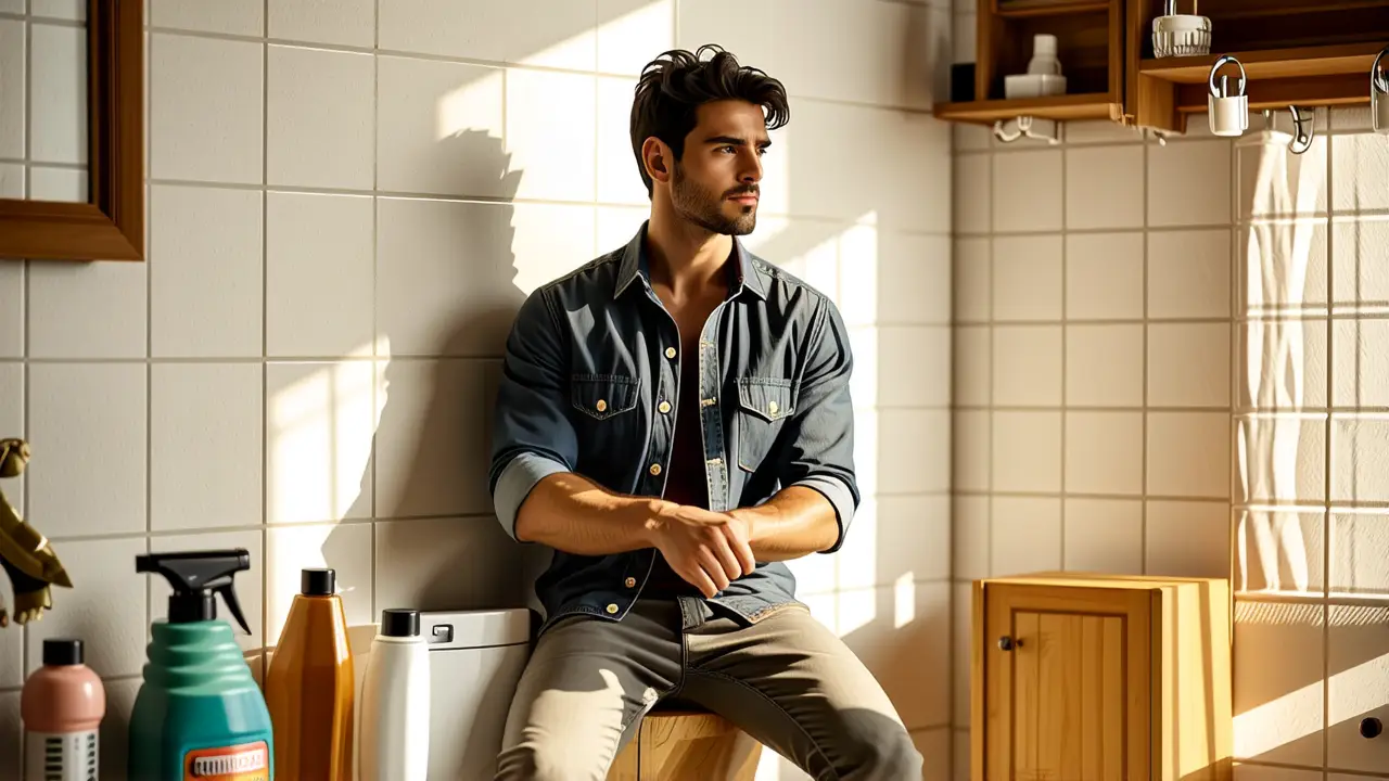 Limpiar Bano: Desinfectar Banos a Fondo 3 Un hombre pensativo limpia un baño acogedor