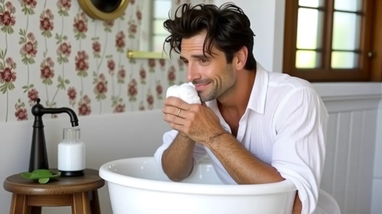 Como lavar las esponjas de maquillaje: guía completa 4 Un hombre realista limpia suavemente en baño antiguo