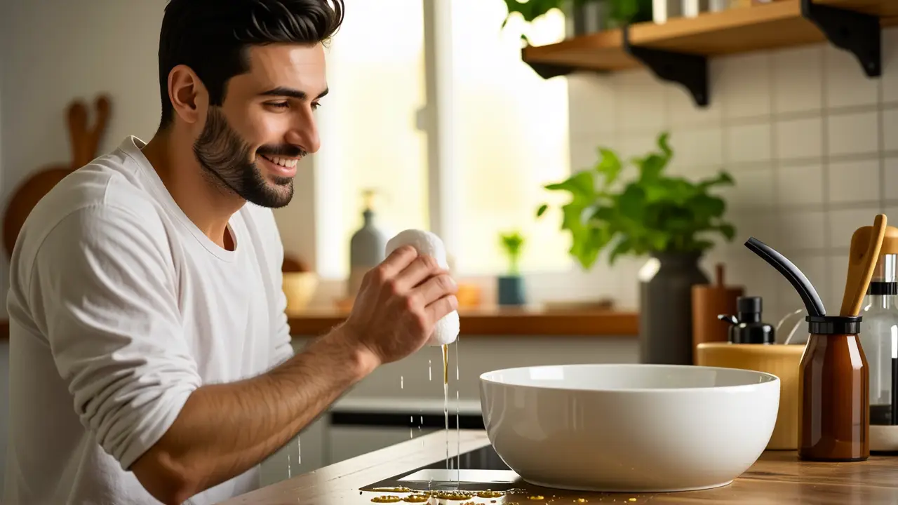 Como lavar las esponjas de maquillaje: guía completa 3 Un hombre pensativo limpia con cuidado en cocina