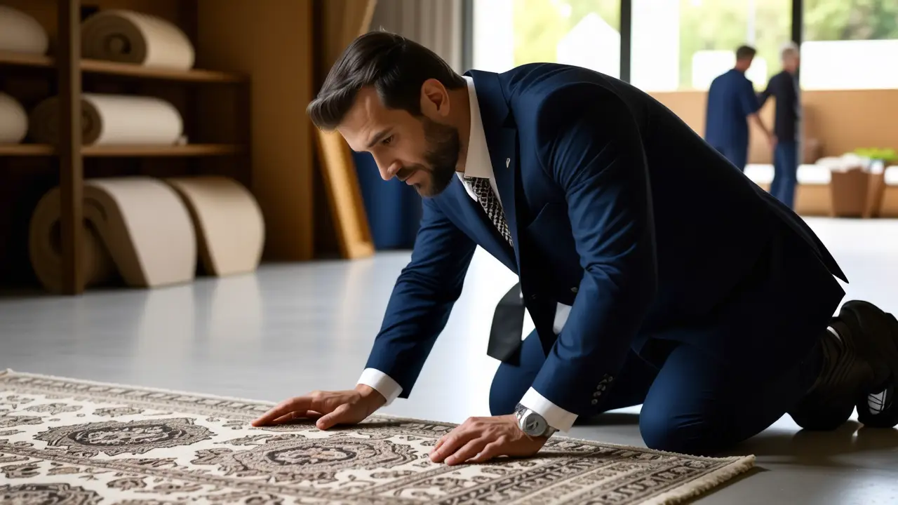 Limpieza Marin: Alfombras Profesionales en Marín 2 Un fotógrafo examina con confianza una alfombra en Marín