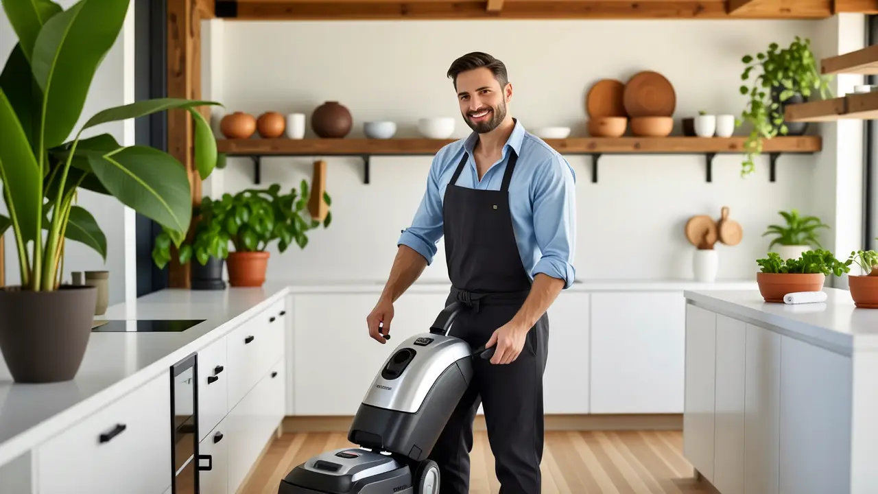 Limpieza Marin: Alfombras Profesionales en Marín 4 Un hombre español genuino limpia con serenidad