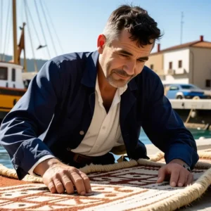 Un hombre español examina un tapiz en el puerto