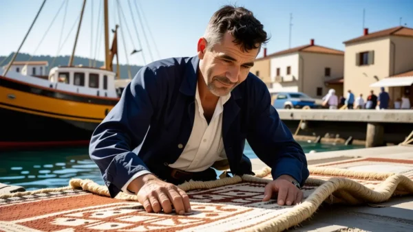 Un hombre español examina un tapiz en el puerto