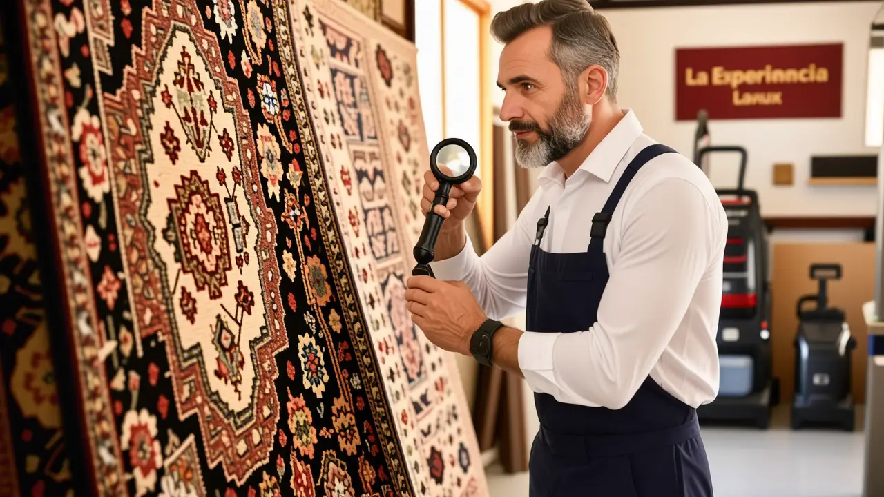 Limpieza Marin: Alfombras Profesionales en Marín 3 Un limpiador examina un tapiz lujoso con atención
