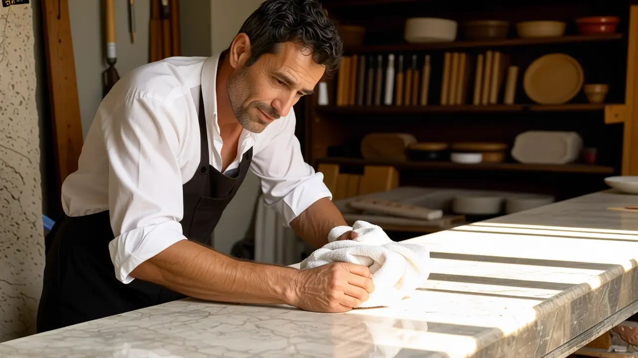 Como limpiar el mármol: Guía completa y fácil 3 Un hombre limpiando mármol con delicadeza