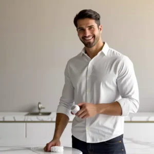 Como limpiar el mármol: Guía completa y fácil 9 Un hombre blanco limpia mármol con delicadeza