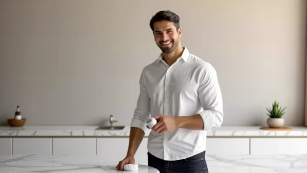 Un hombre blanco limpia mármol con delicadeza