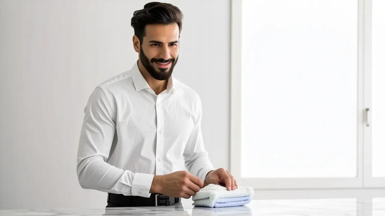 Como limpiar el mármol: Guía completa y fácil 2 Un hombre puliendo mármol en luz cálida