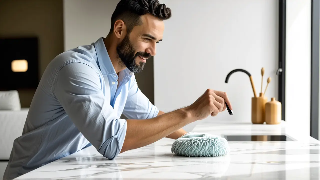 Como limpiar el mármol: Guía completa y fácil 4 Un hombre limpio limpia mármol con luz cálida