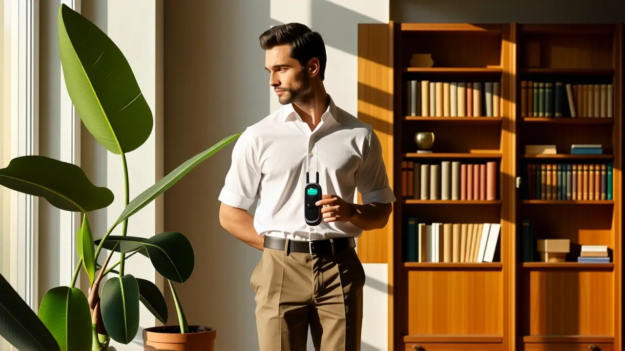 Un hombre pensativo mide la humedad en luz cálida