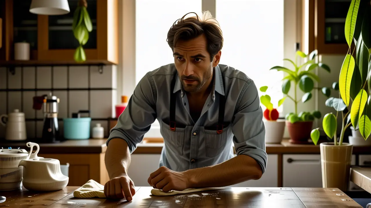 Un hombre preocupado limpia en una cocina cálida