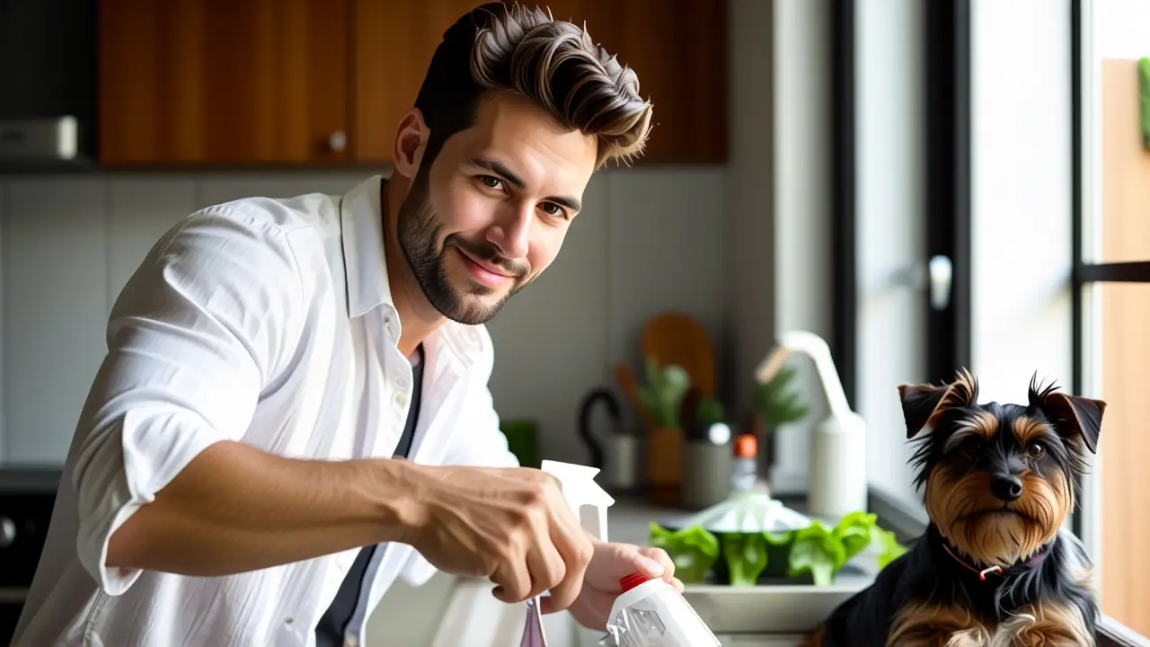 Un hombre limpio y sereno limpia la cocina