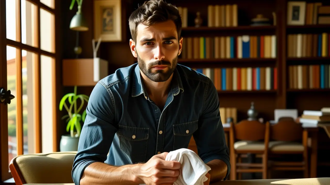 Un hombre caucasiano observa un paño en luz cálida