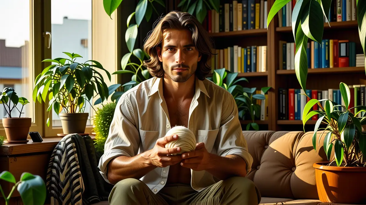 Un hombre pensativo sostiene lana en un hogar cálido