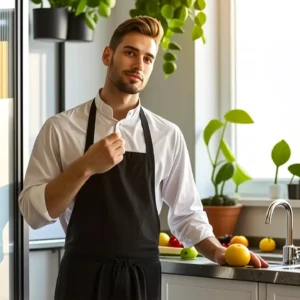Un chef pensativo sostiene una fruta cítrica en cocina