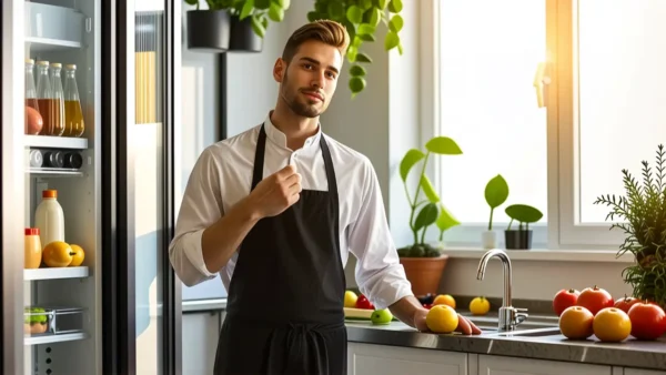 Un chef pensativo sostiene una fruta cítrica en cocina