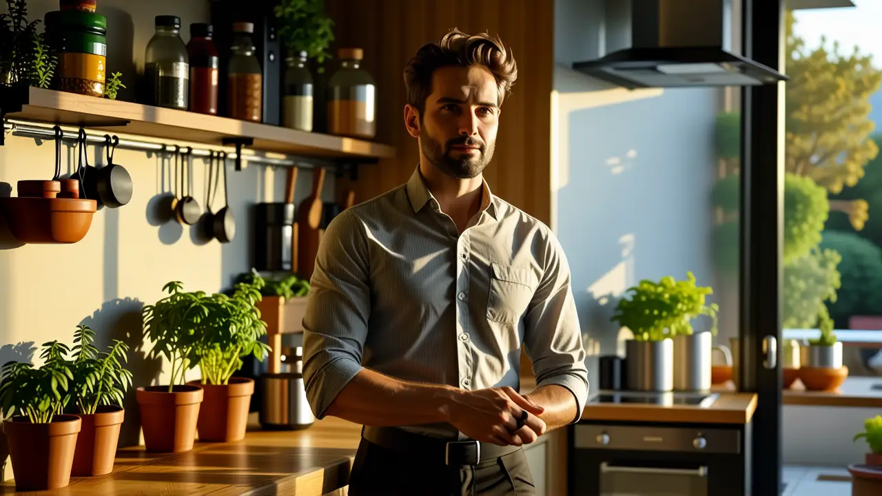 Un hombre pensativo en una cocina tranquila