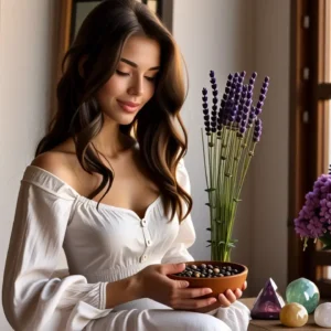 Mujer serena en luz dorada y calma