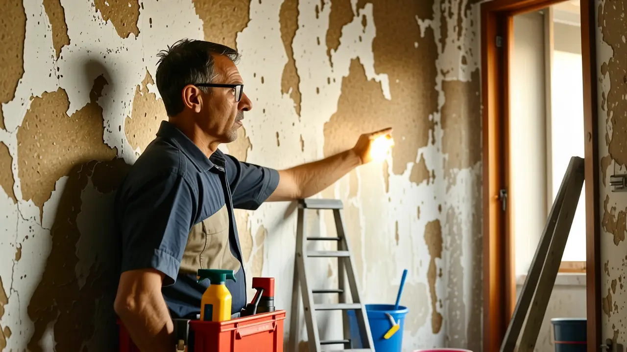 Como quitar manchas humedad techo | Guía completa 2 Un hombre examina el techo en casa