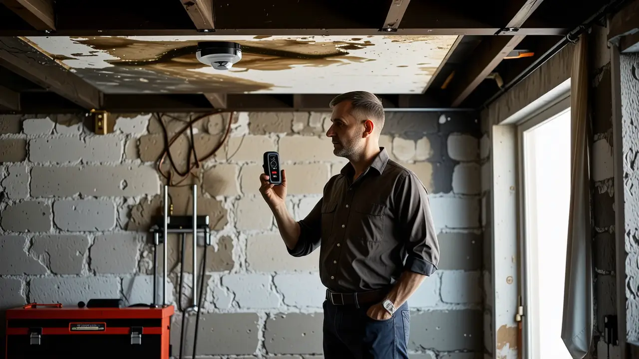 Como quitar manchas humedad techo | Guía completa 5 Un hombre examina la humedad en un sótano oscuro