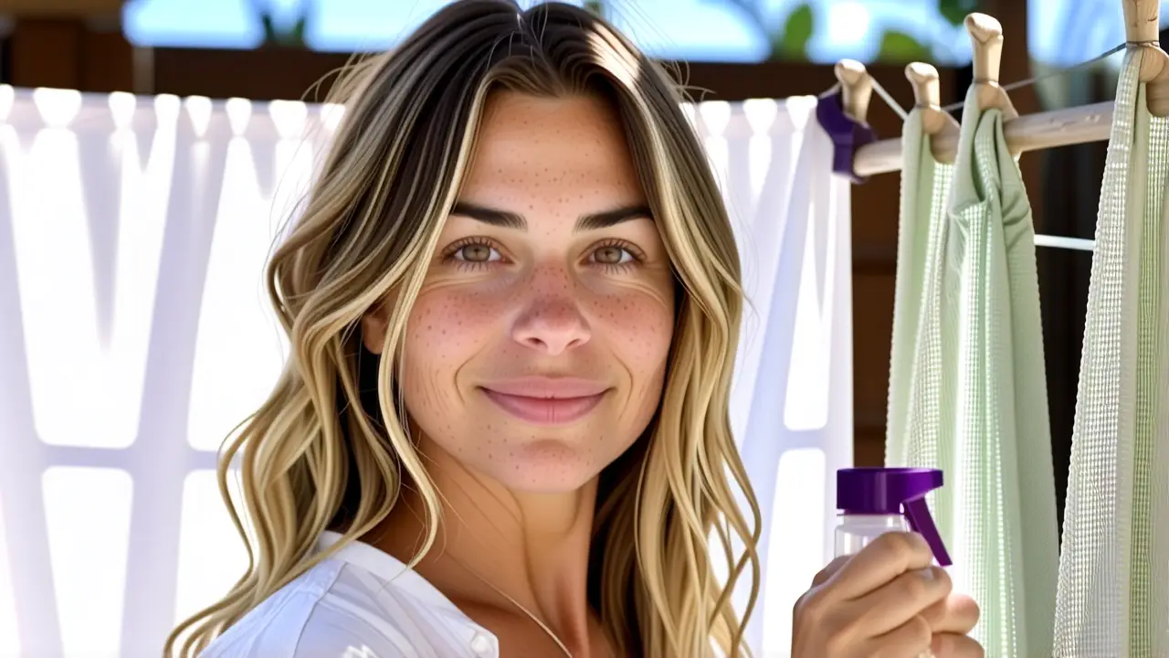 Mujer blanca sonríe con agua y luz suave