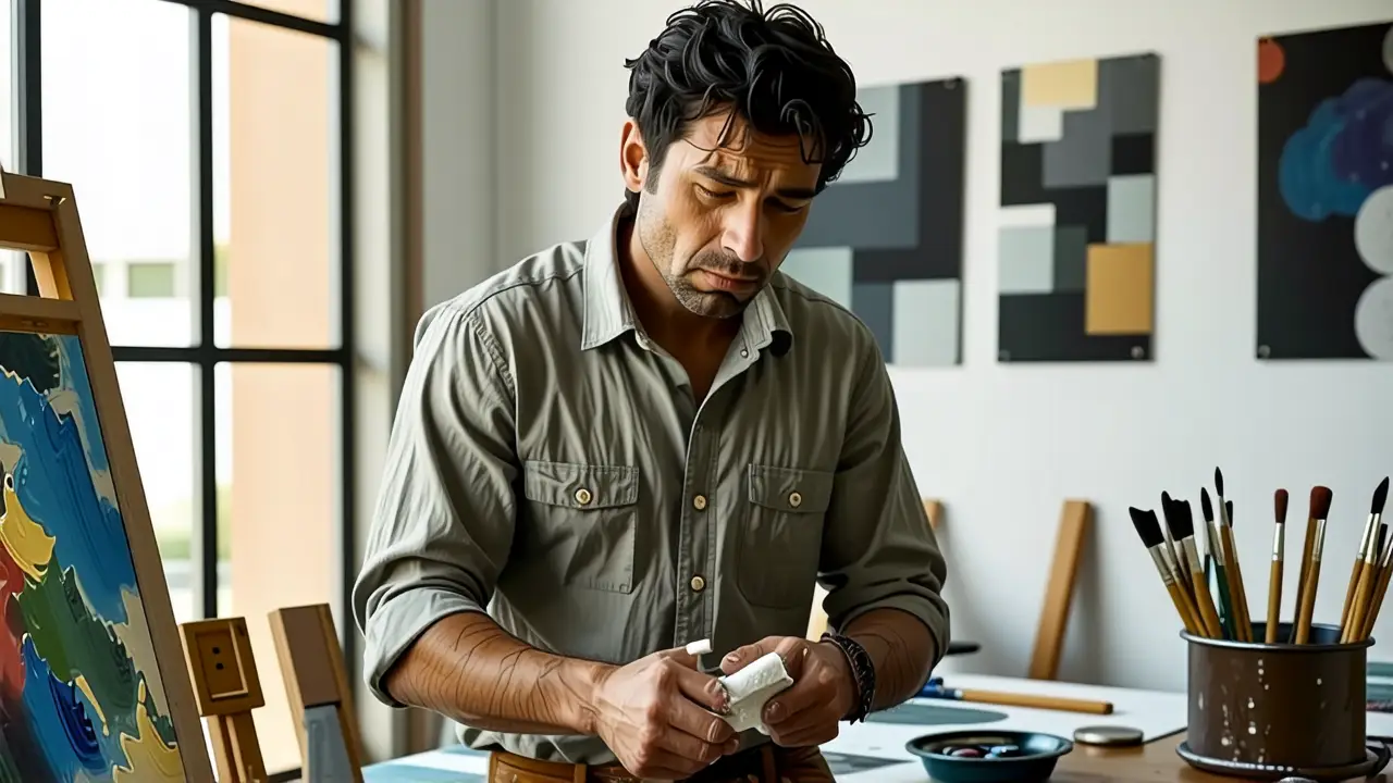 Hombre preocupado limpia pintura en estudio