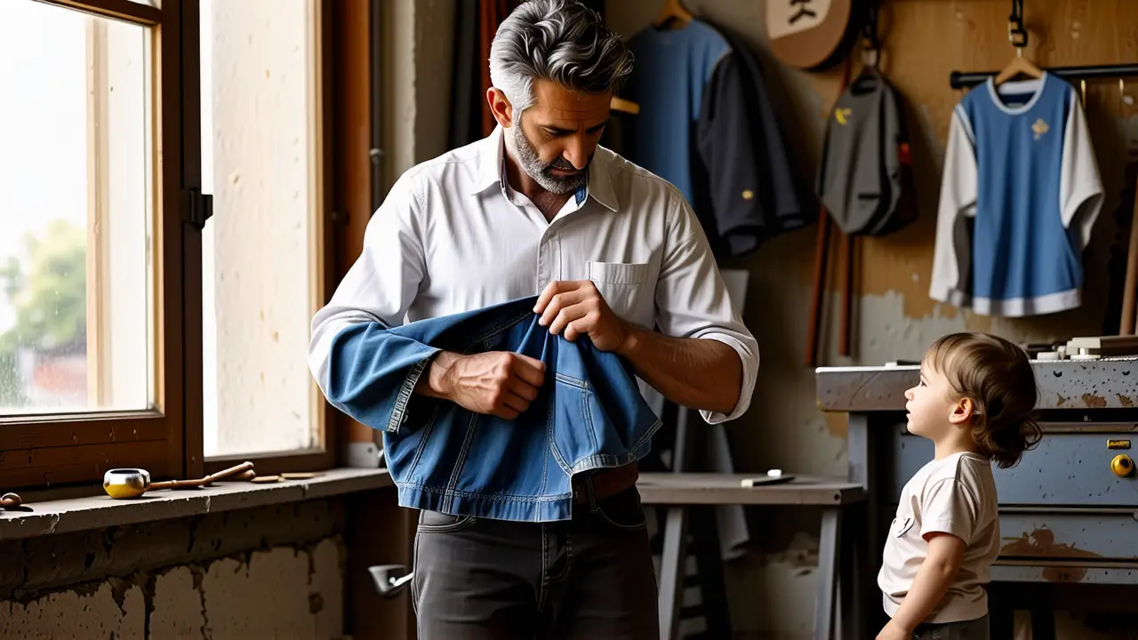 Un hombre reflexivo limpia un abrigo en un taller