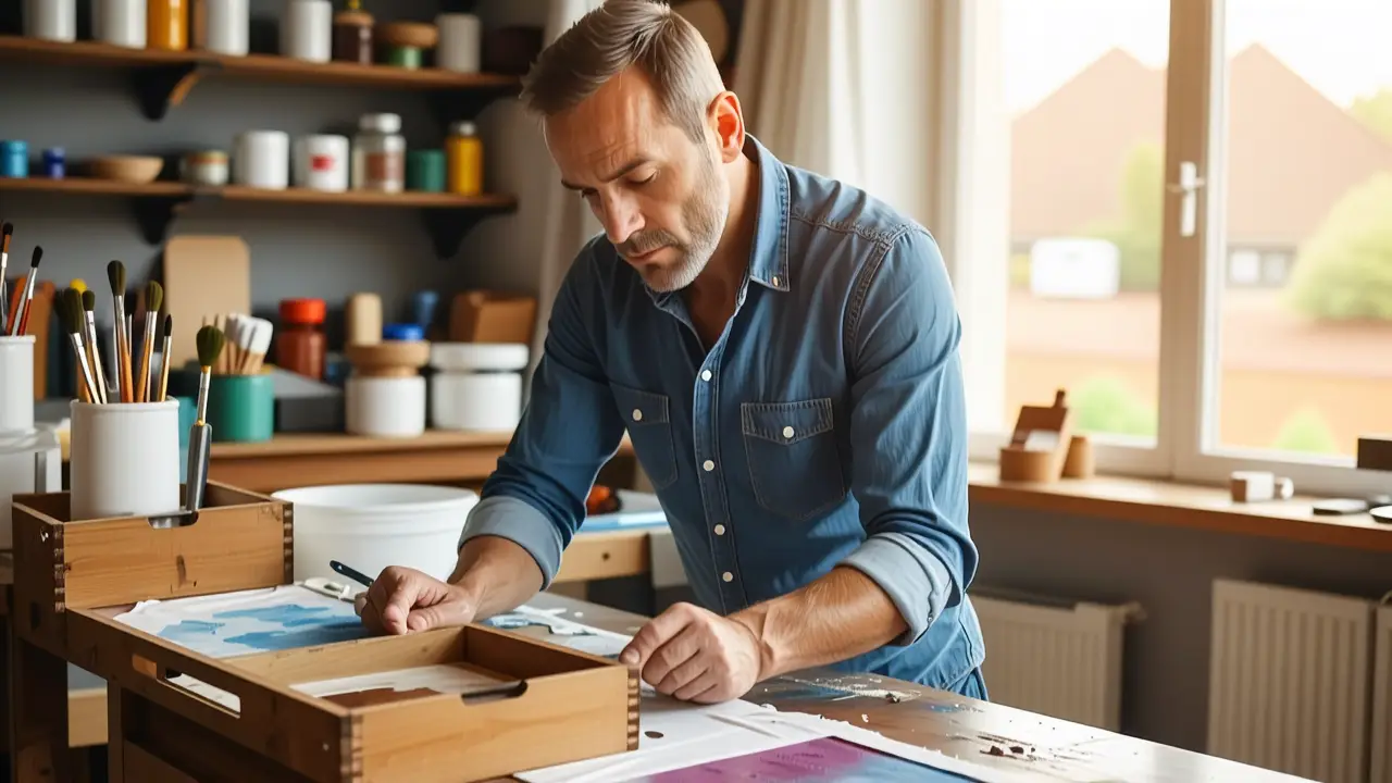 Un hombre pensativo examina una pintura en un taller rústico