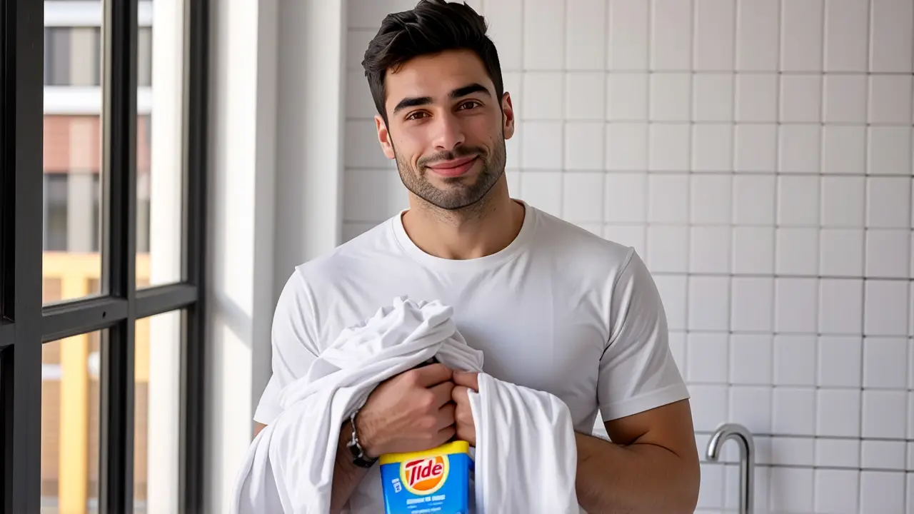 Tide: Elimina manchas de heces en calzoncillo y ropa interior 3 Hombre blanco con ropa limpia y fragancia