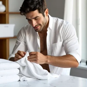 Un hombre examina una mancha en la luz suave