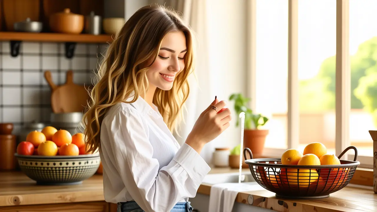 Una mujer española contemplando fruta en cocina