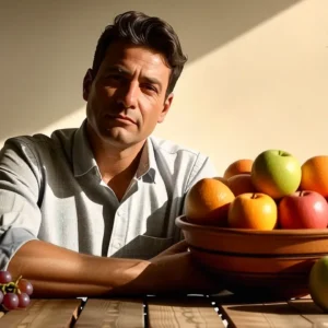 Manchas de fruta la ordenatriz: Elimínalas fácil 9 Un hombre pensativo sostiene fruta en luz cálida