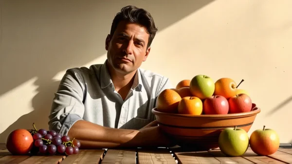 Un hombre pensativo sostiene fruta en luz cálida