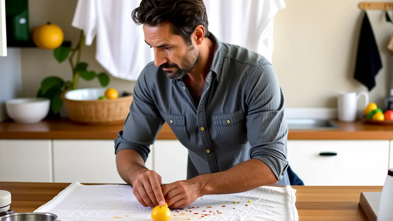 Un hombre español casual limpia una mancha en la cocina